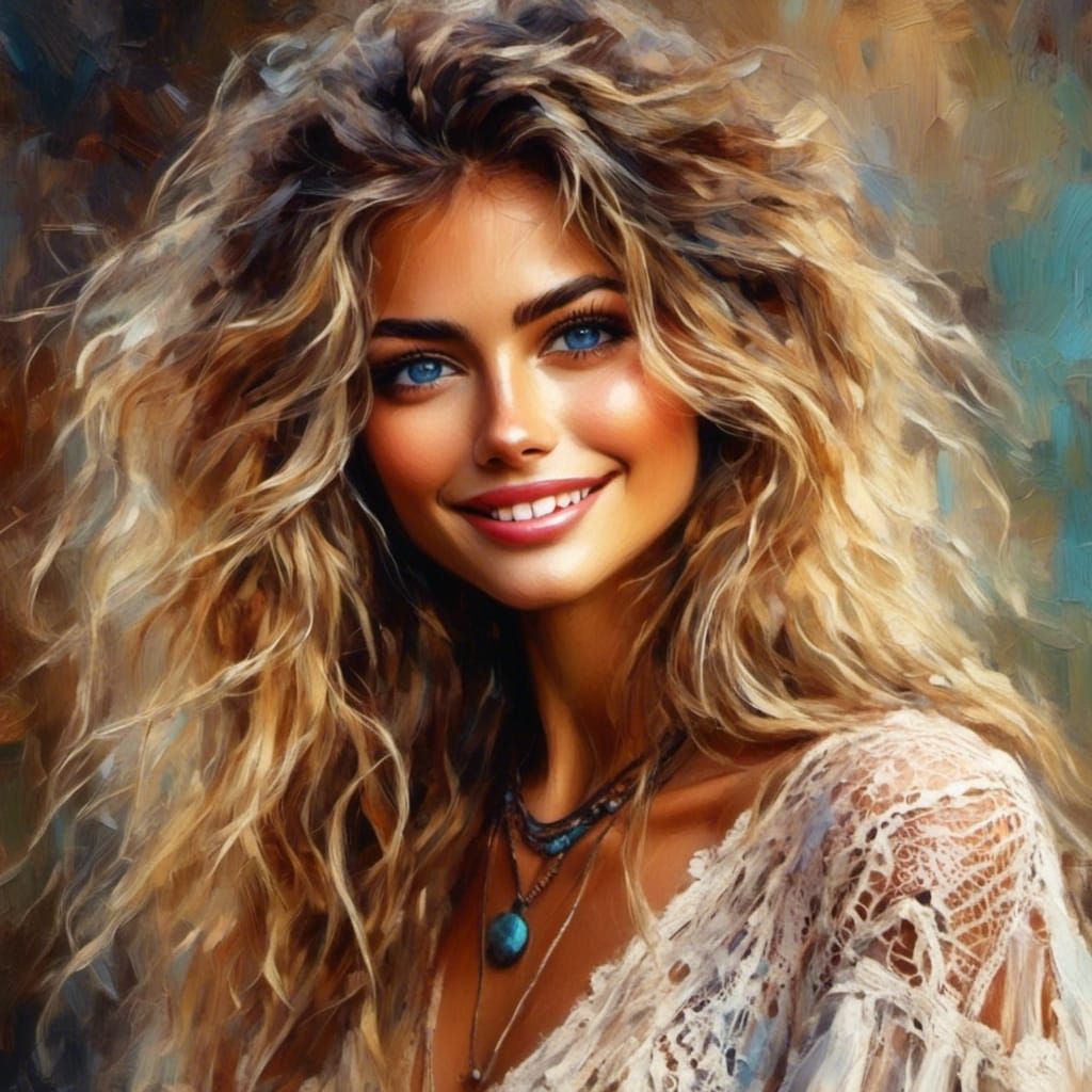 Boho Woman in Antique Lace with Soft Smile