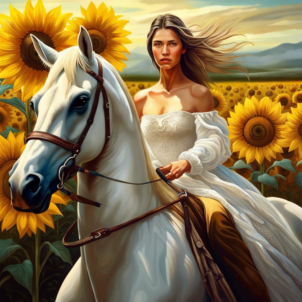 Woman on Horseback in Hyperrealistic Sunflower Field