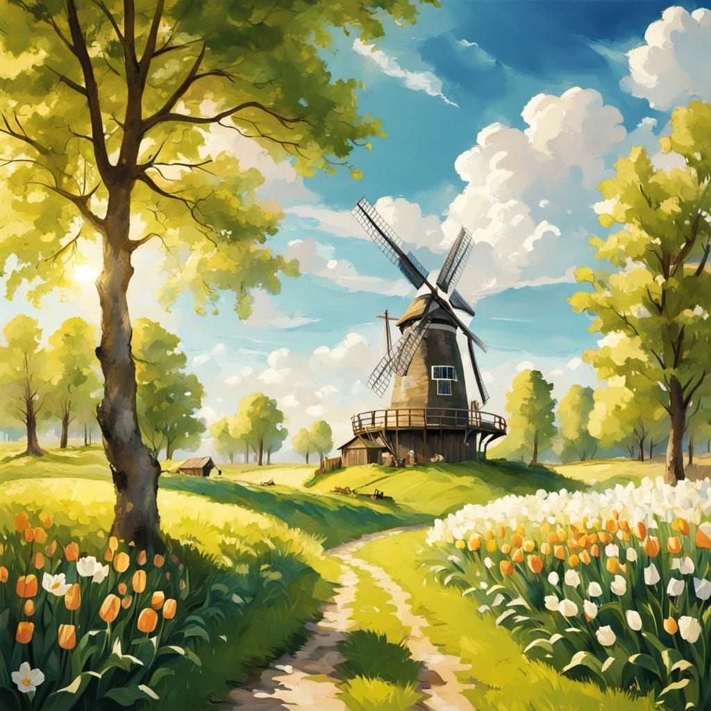 Peaceful Dutch Countryside Scene with Windmill and Cows