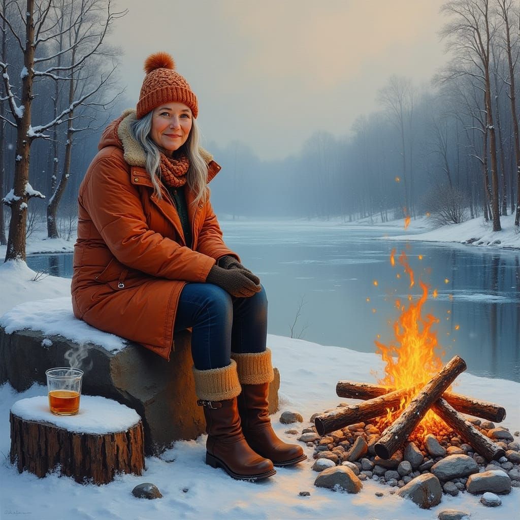 Cozy Winter Campfire Scene in Expressionist Style