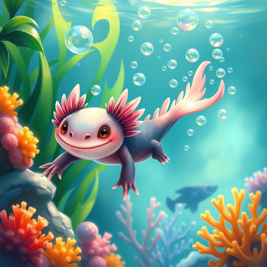 Whimsical Axolotl in Dreamy Aquatic Wonderland