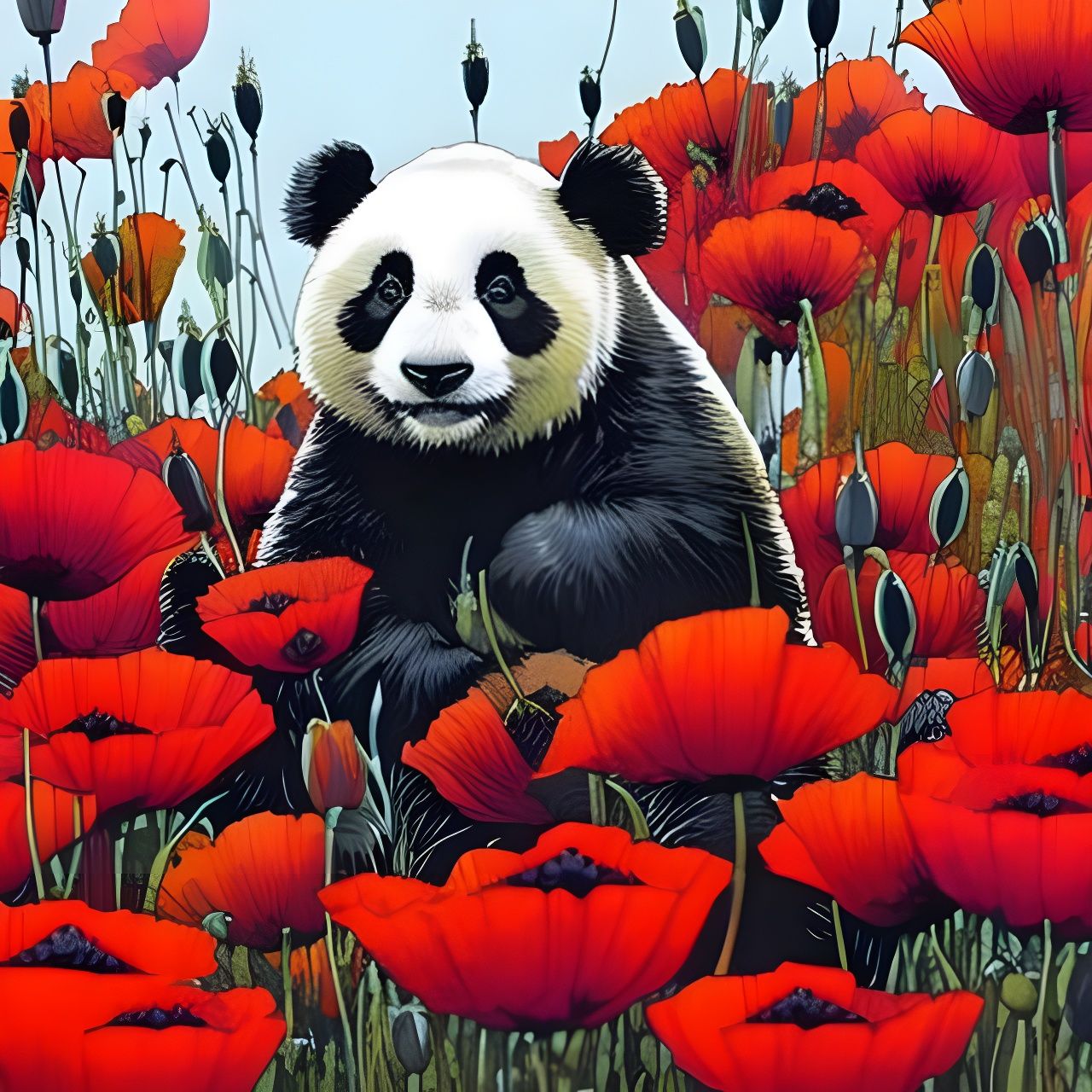 Baby Panda in Poppy Field Digital Art