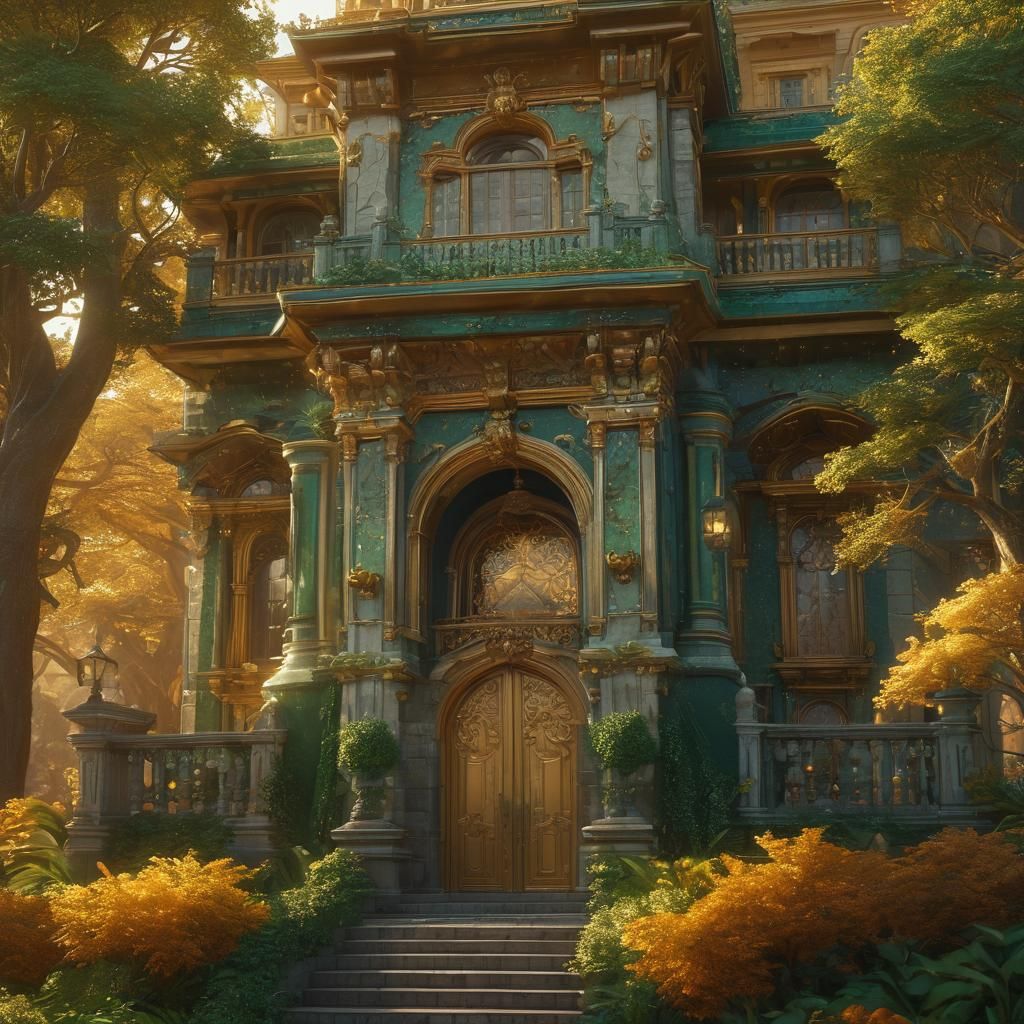 Emerald Mansion with Jeweled Trees: Hyperrealistic Matte Pai...