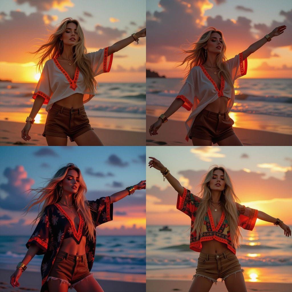 Cyberpunk Woman Dancing on Beach at Sunset