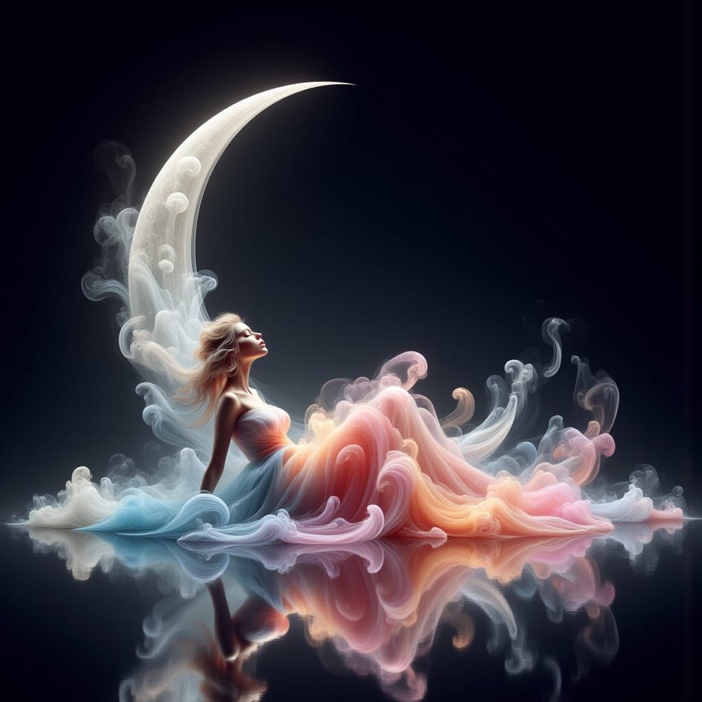 A Dreamy Woman Surrounded by Pastel Hues on a Glass Floor