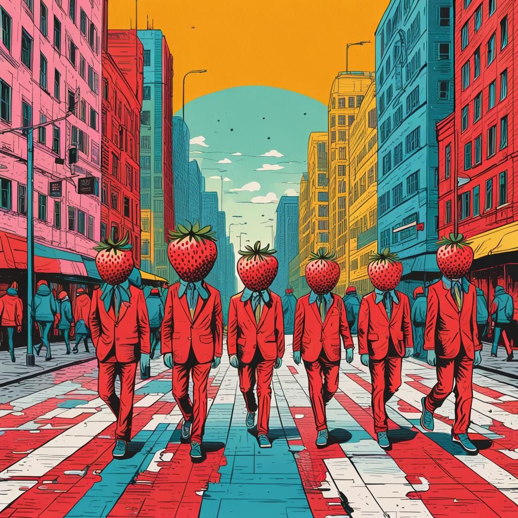 Strawberry People in Giant City: Pop Art Screen Print
