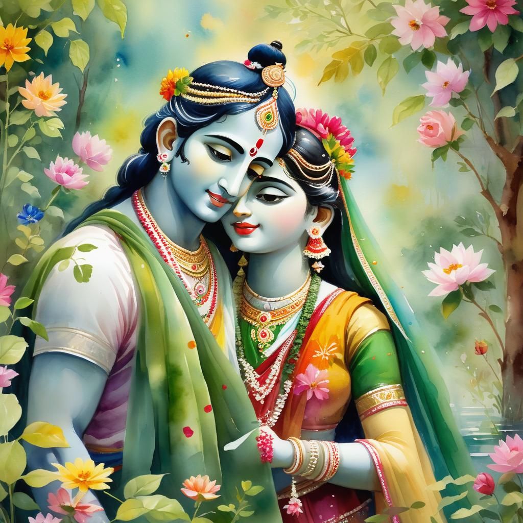 Radha and Krishna in Brindhavan as Watercolor Painting