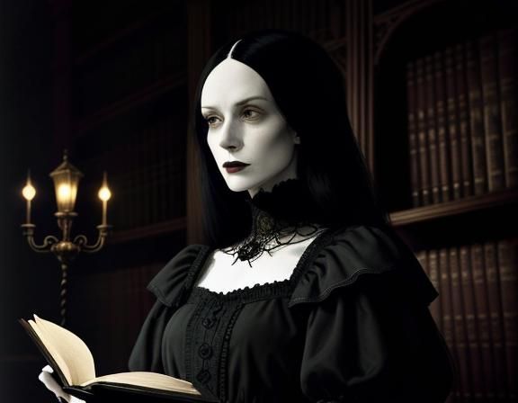 Gothic Woman in Dark Academia Library, Moody Lighting