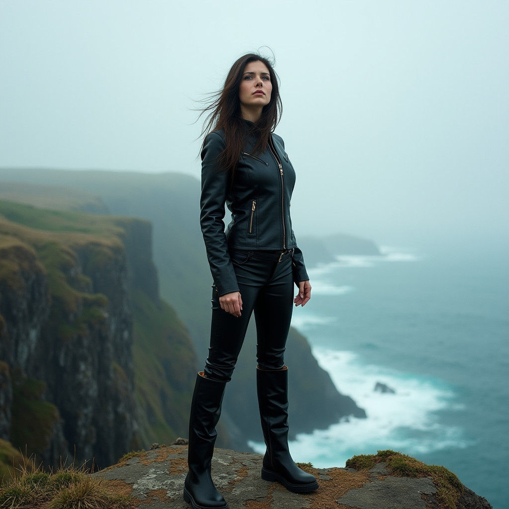 Woman in Leather on Cape Breton Cliff: Cinematic Shot