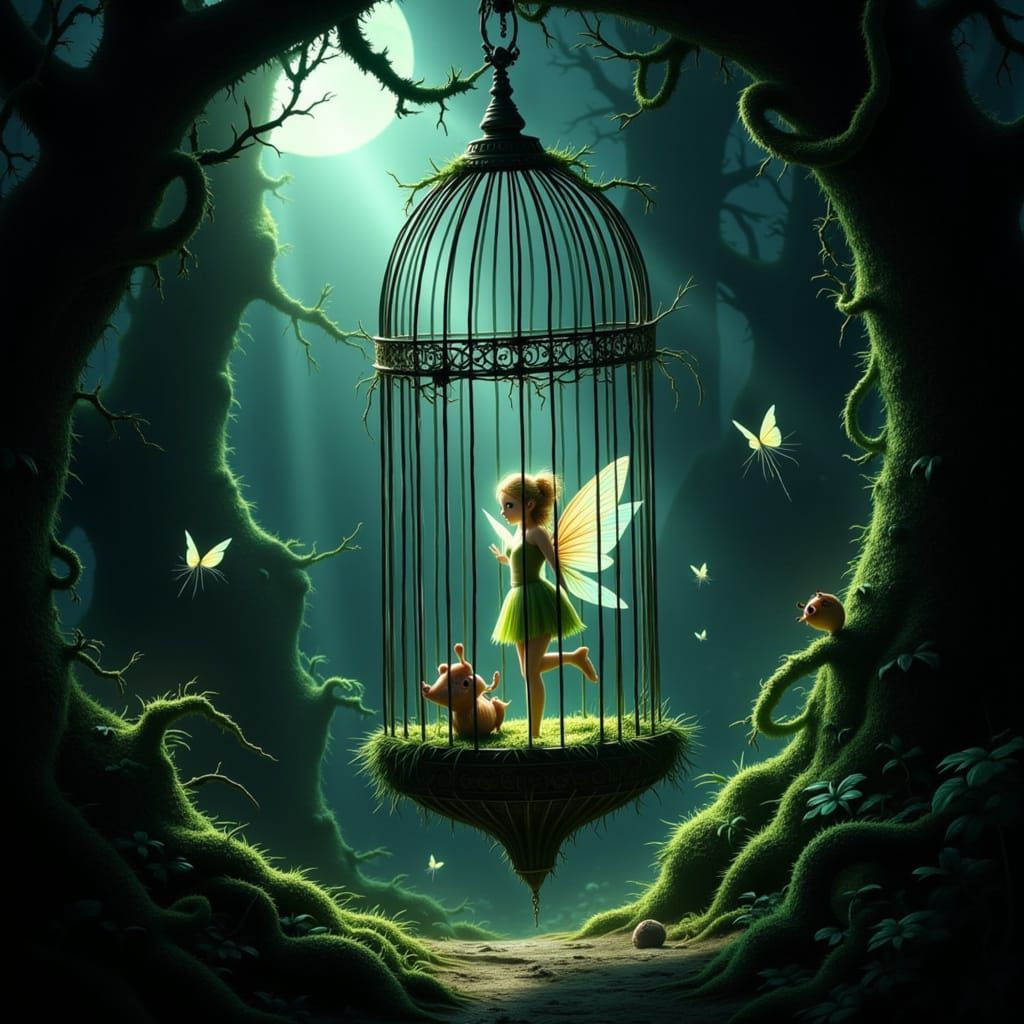 Fairy and Pet Trapped in Forest Birdcage