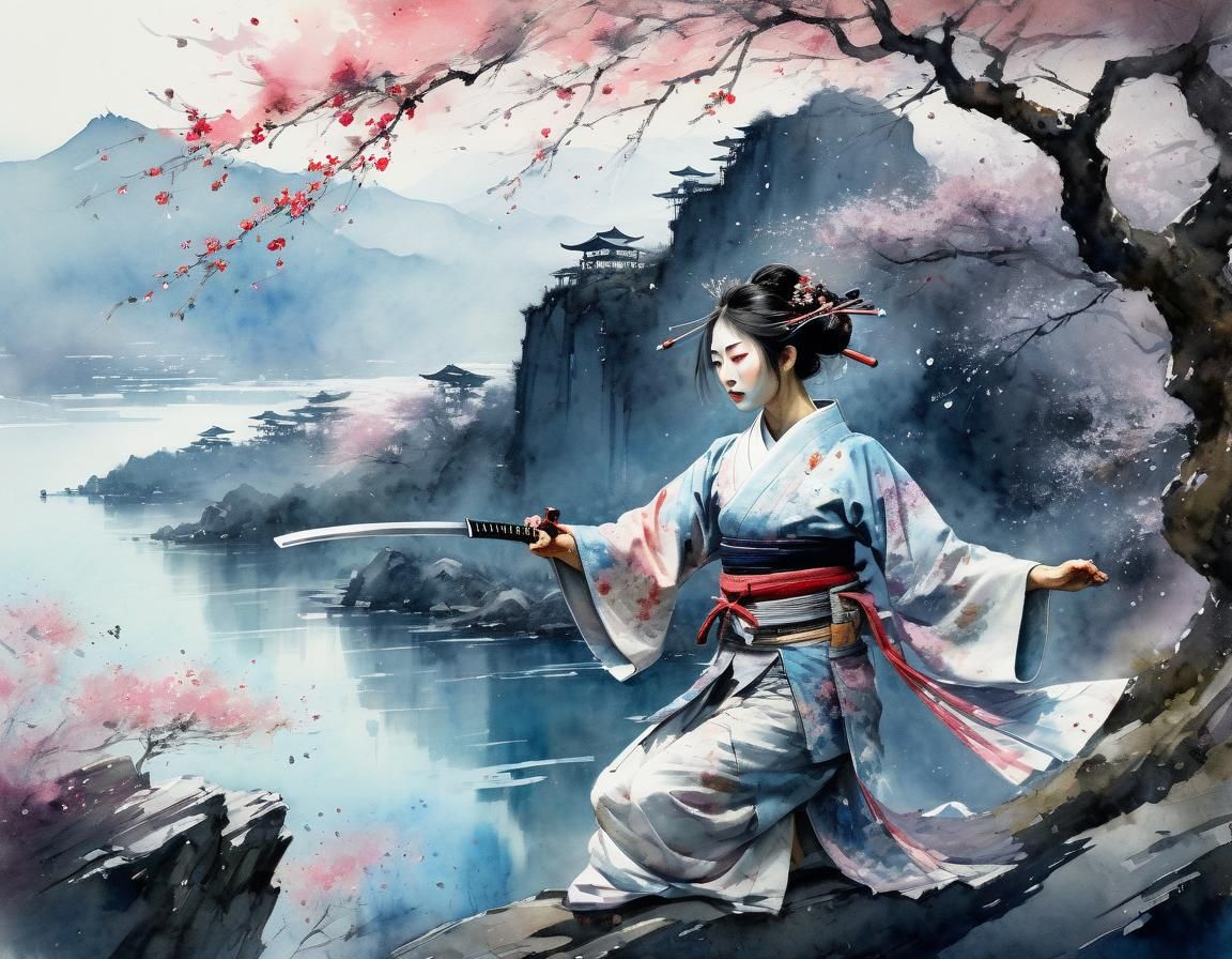Geisha Martial Arts Scene in Watercolor Fantasy