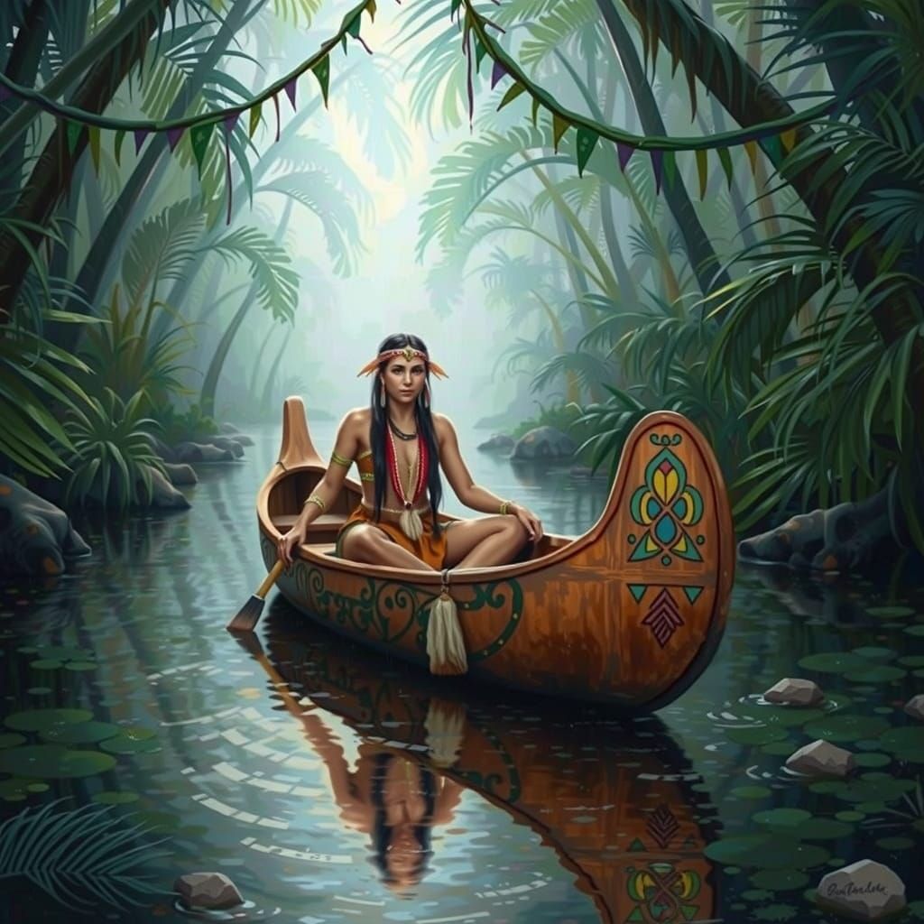 Native American Woman in Canoe, Tropical River Scene