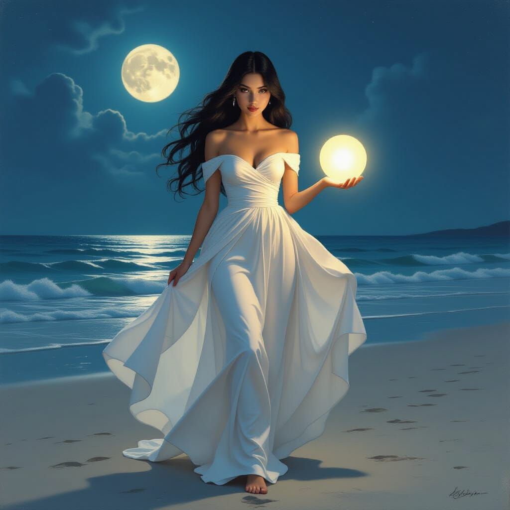 Woman with Orb on Moonlit Beach