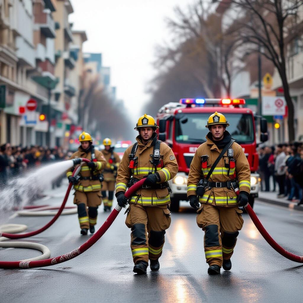 Firefighters Battle Blaze, Hoses Stretch Across Street