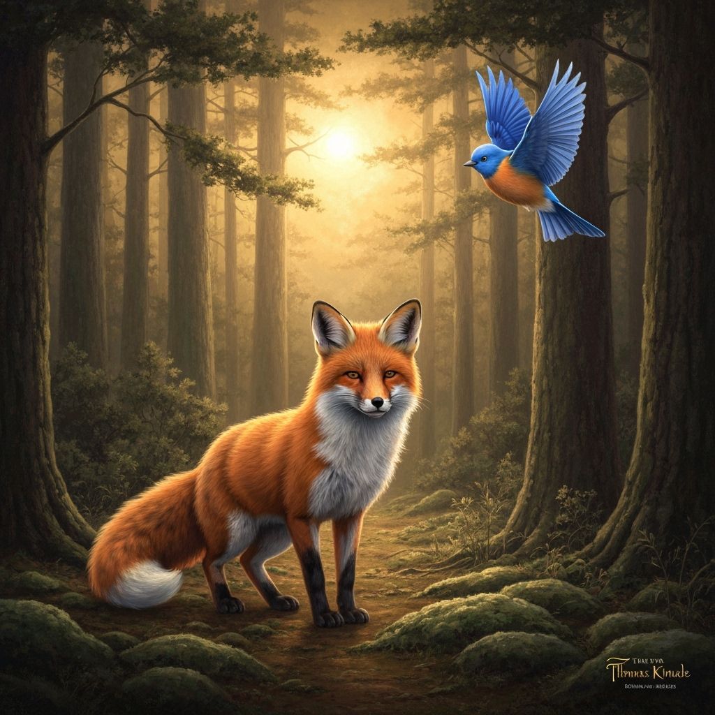 Fox Watches Bluebird in Forest Cinematic Style