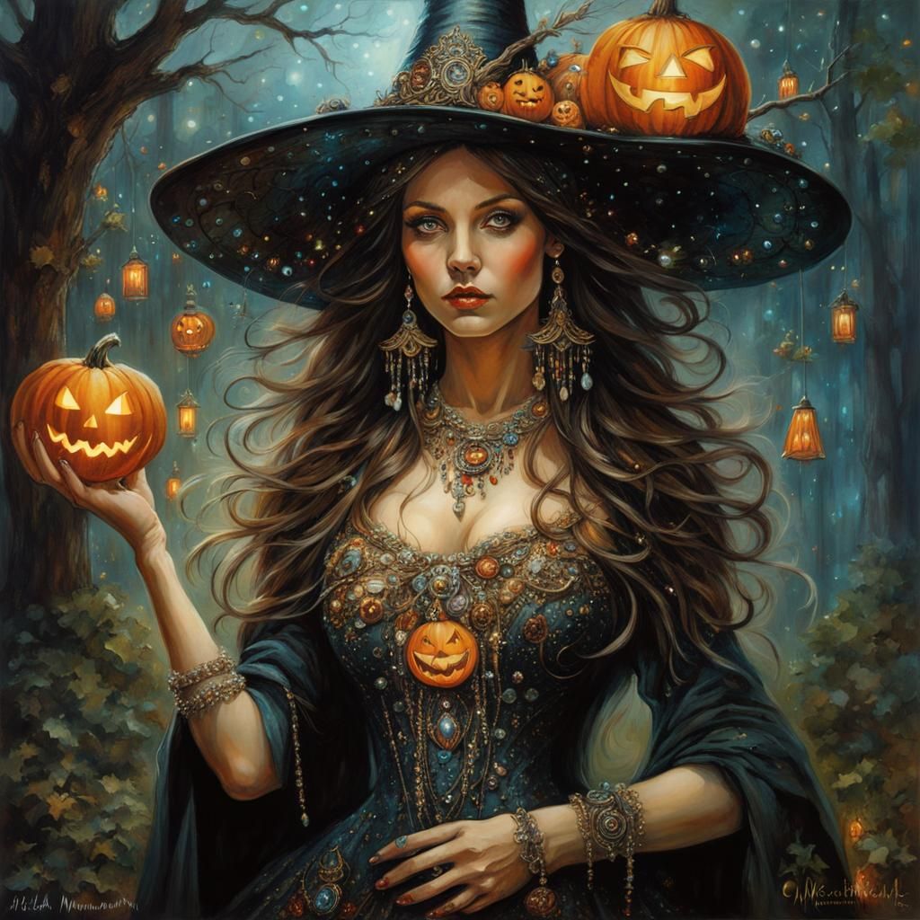 Ornate Witch with Jack O'Lanterns in Forest