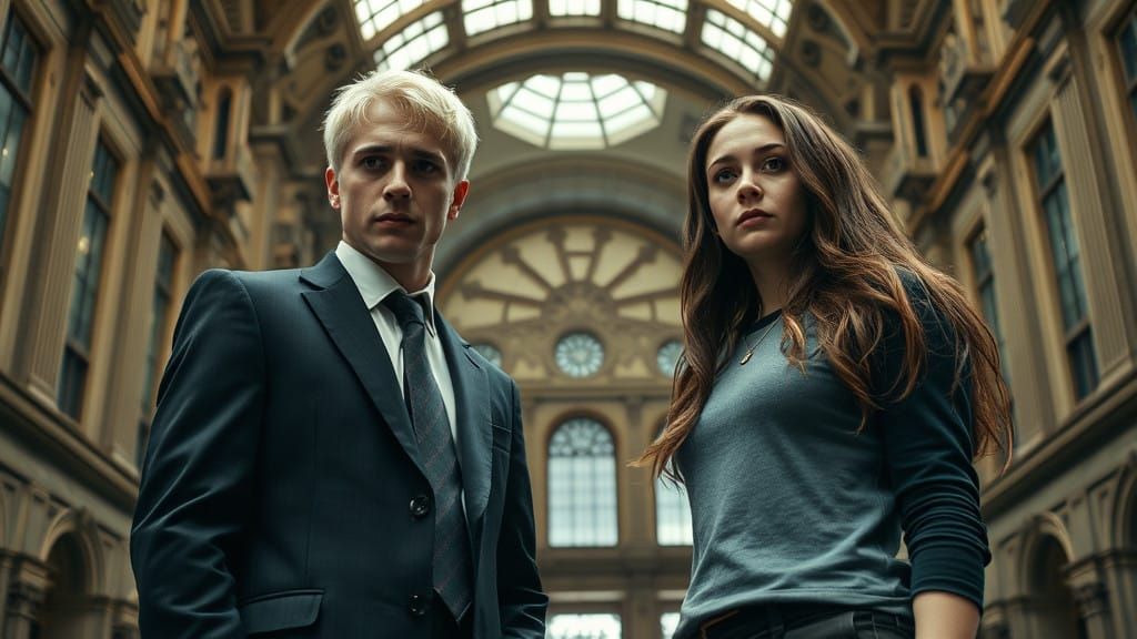 Elegant Ministry of Magic Scene with Draco Malfoy and Hermio...