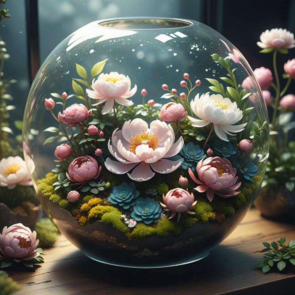 Surrealistic Terrarium Scene in Watercolor Style
