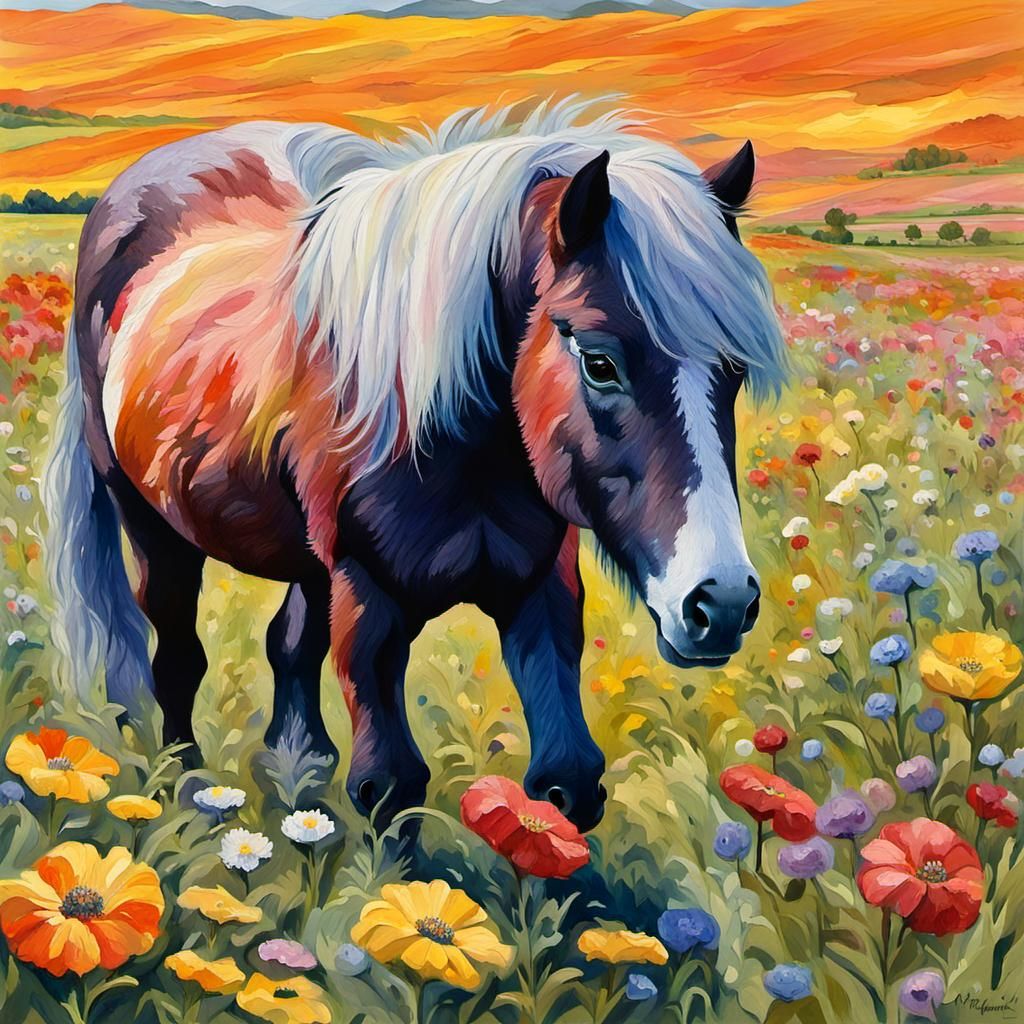 Shetland Pony in Flower Field: Gouache Impressionism
