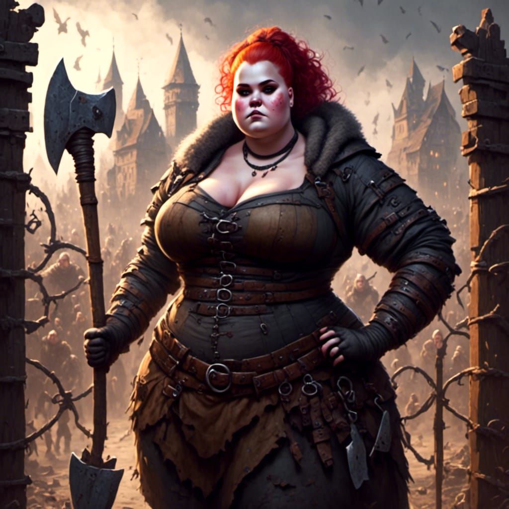 Hyperrealistic Woman Guarding Orc-Besieged City Gate
