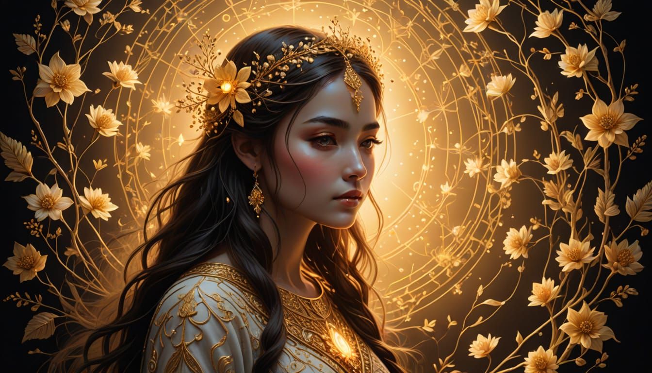 Ethereal Figure in Golden Embroidered Gown