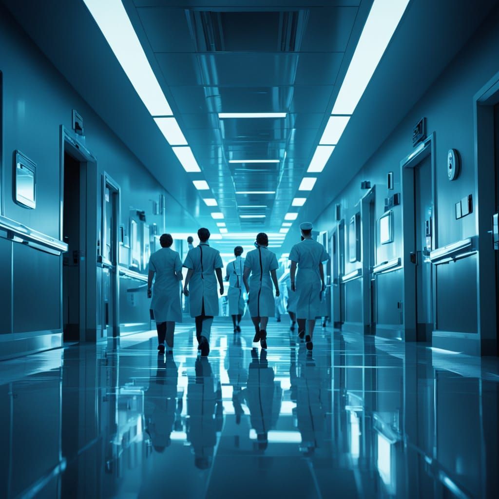 Futuristic Hospital Scene in Film Noir Style