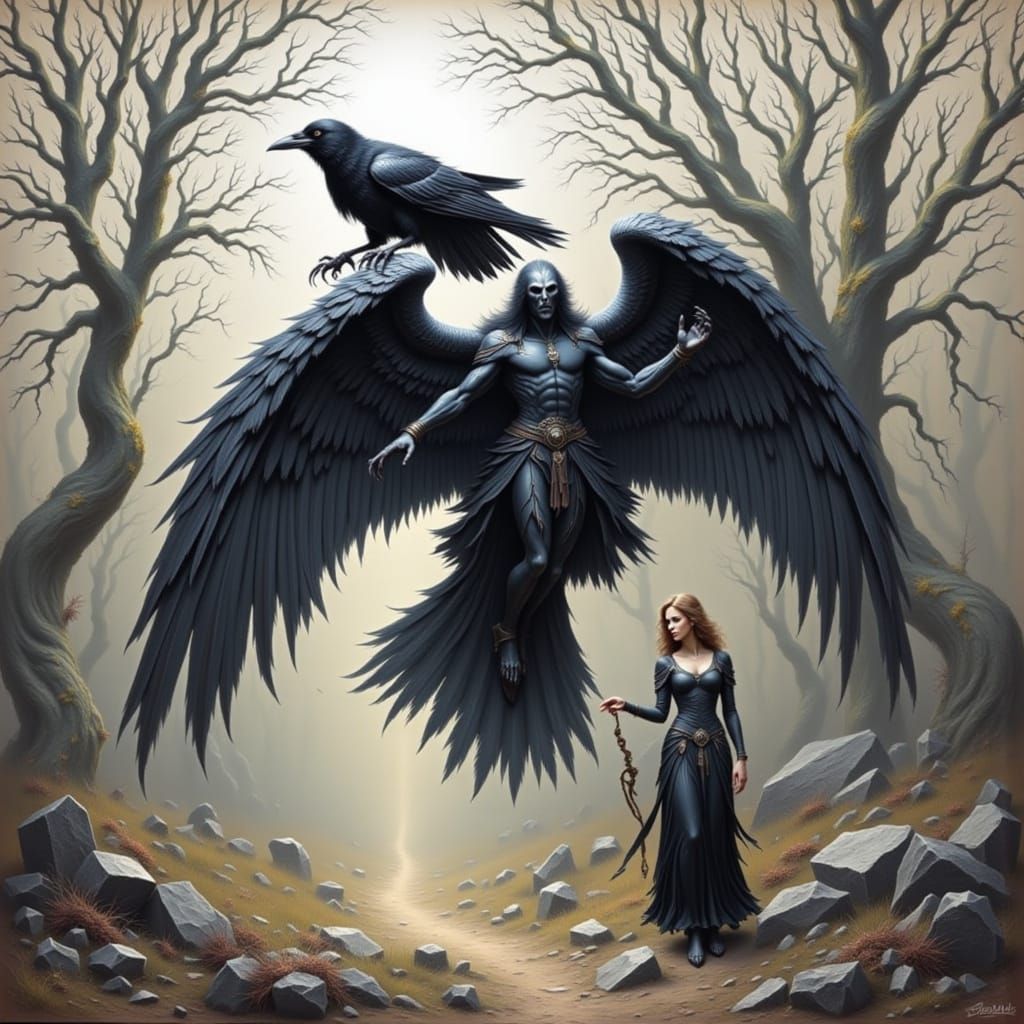 Angel and Raven in Ethereal Landscape