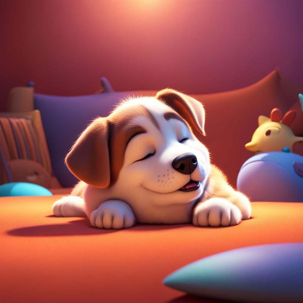 Cute Dog Sleeping: Pixar-Style 3D Digital Art