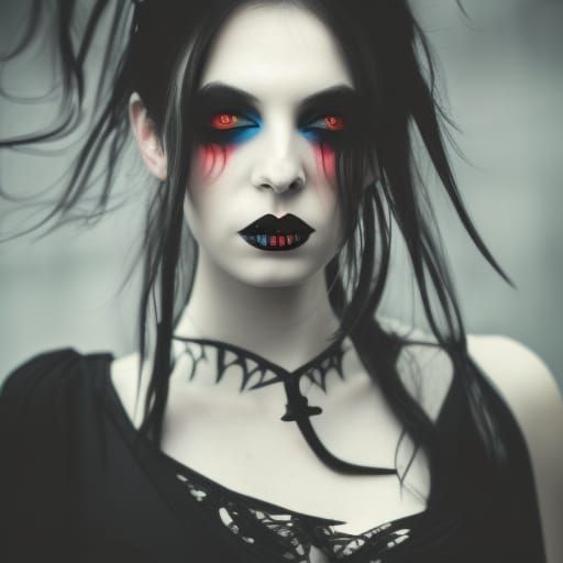 Ethereal gothic vampire Young lady with black hair& Crystal blue eyes& Red eyeshadow& Black eyeliner& Black lipstick& et...