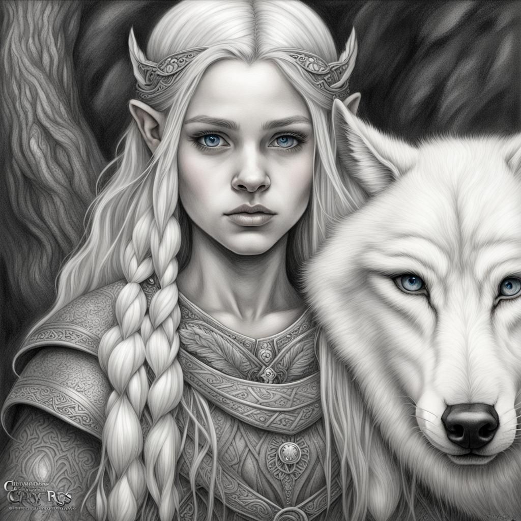 Halfling Woman with White Wolf: Charcoal Drawing