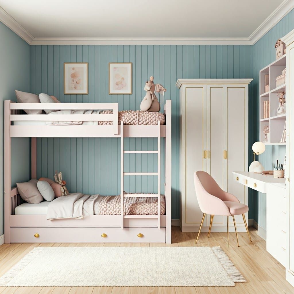 Cozy 3D Room with Plush Bunk Bed and Minimalist Desk