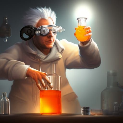 Scientist Studying Orange Liquid in Dark Lab