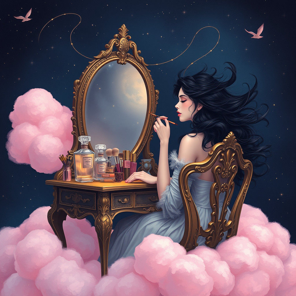 Dreamlike Woman at Vanity in Starry Night Sky