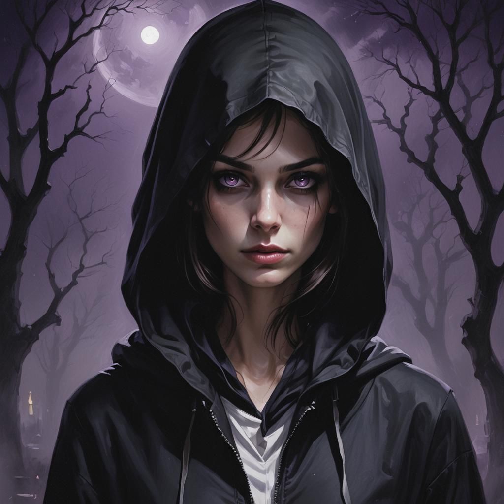 Mysterious Woman with Purple Eyes in Digital Painting