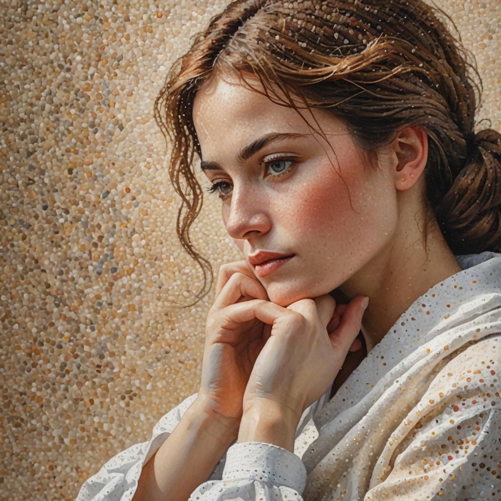 Pointillism Portrait of Woman in Warm Beige Tones