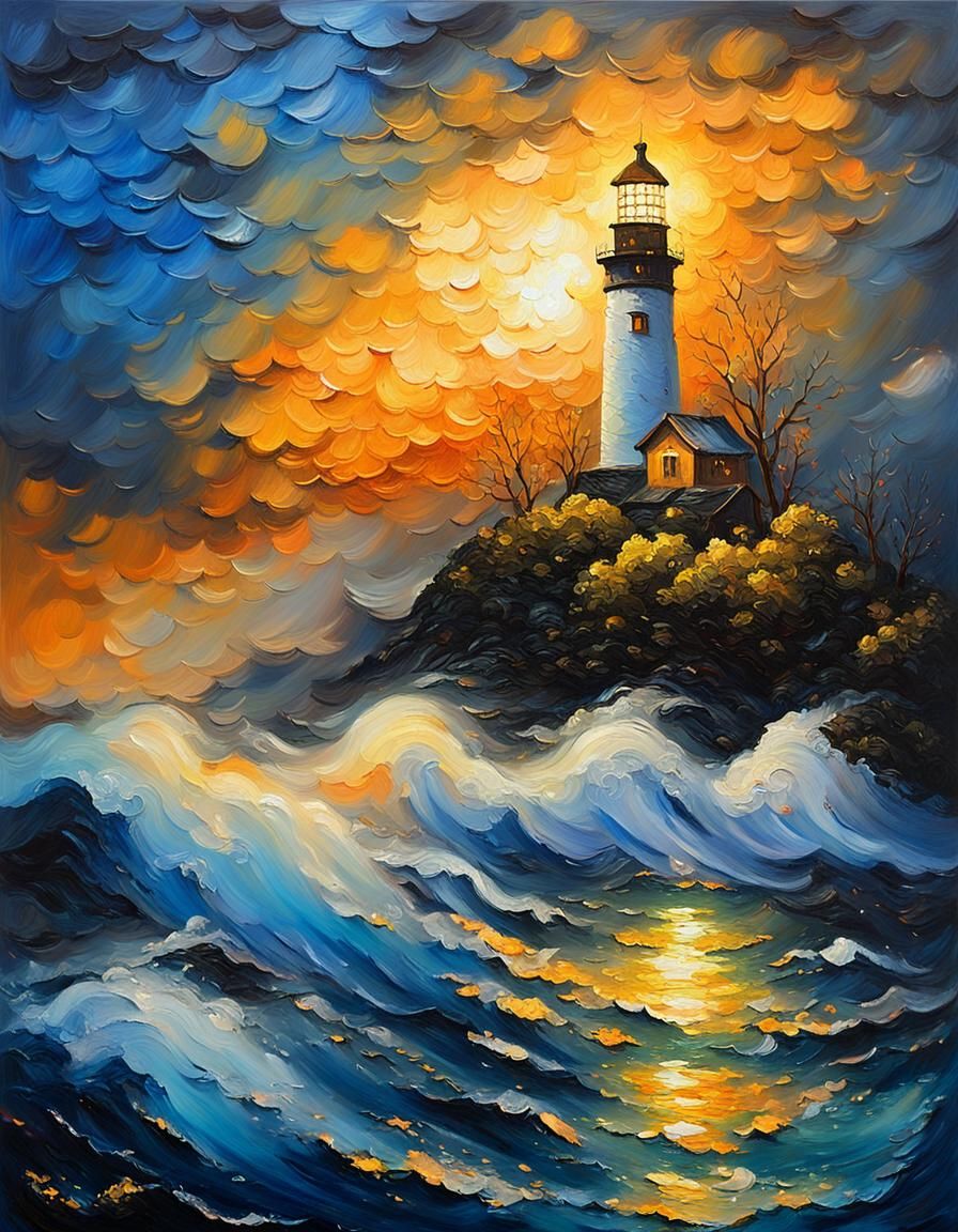 Lighthouse Storm at Sea in Impasto Style