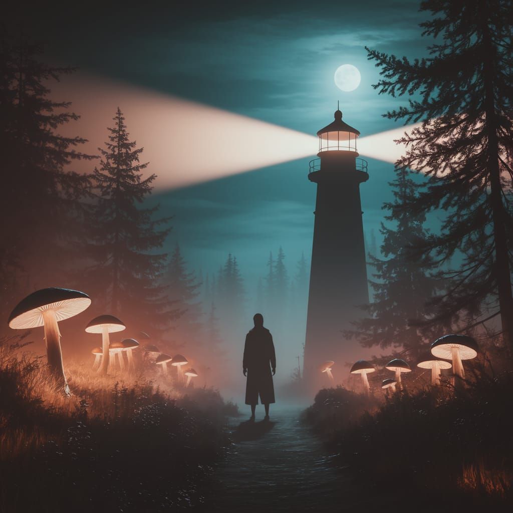 Ethereal Lighthouse in Misty Forest at Night