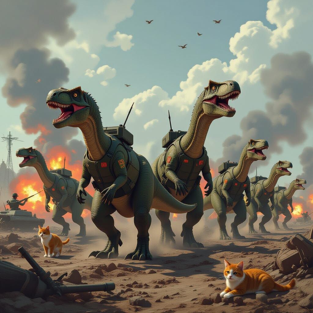 Dino, Cat, and Dog Army on War-Torn Battlefield