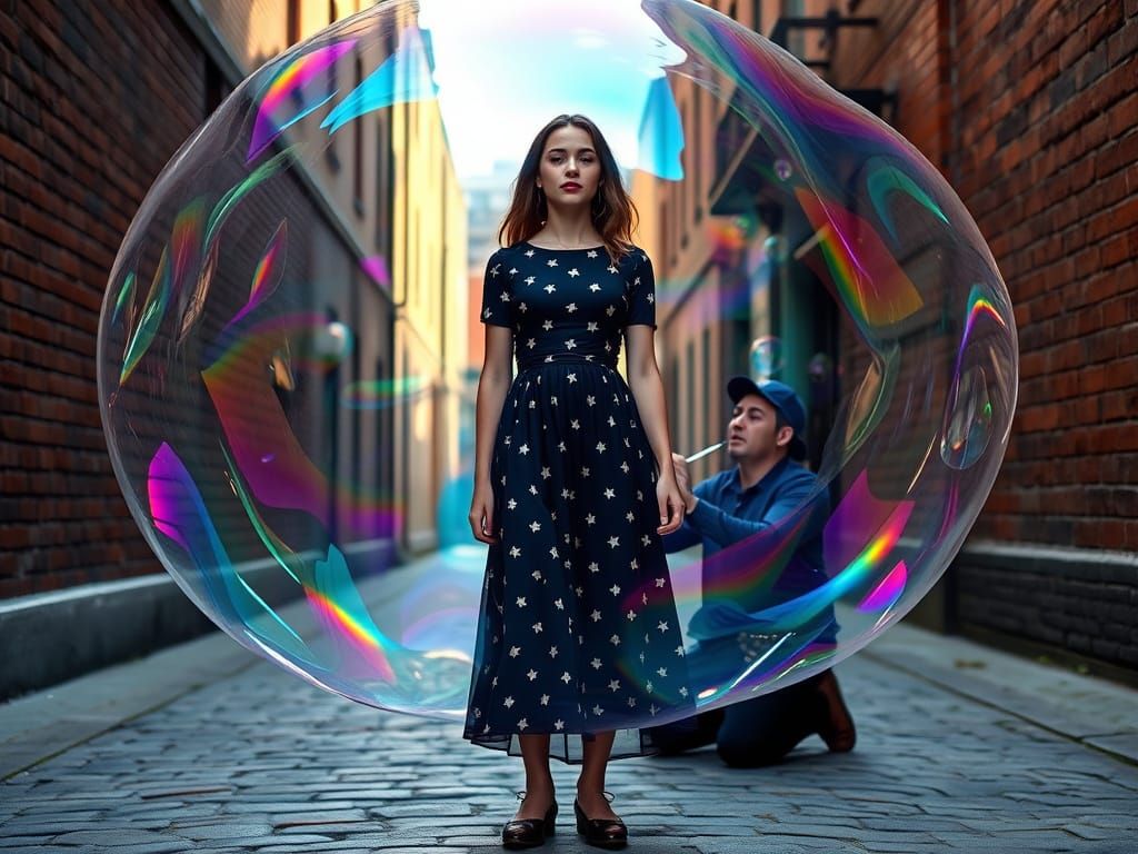 Woman in Iridescent Bubble on Cobblestone Street