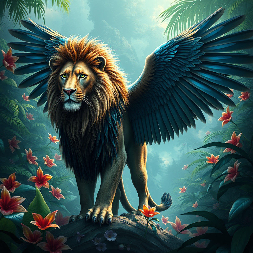 Lion-Bird Hybrid in Amazon Jungle Concept Art