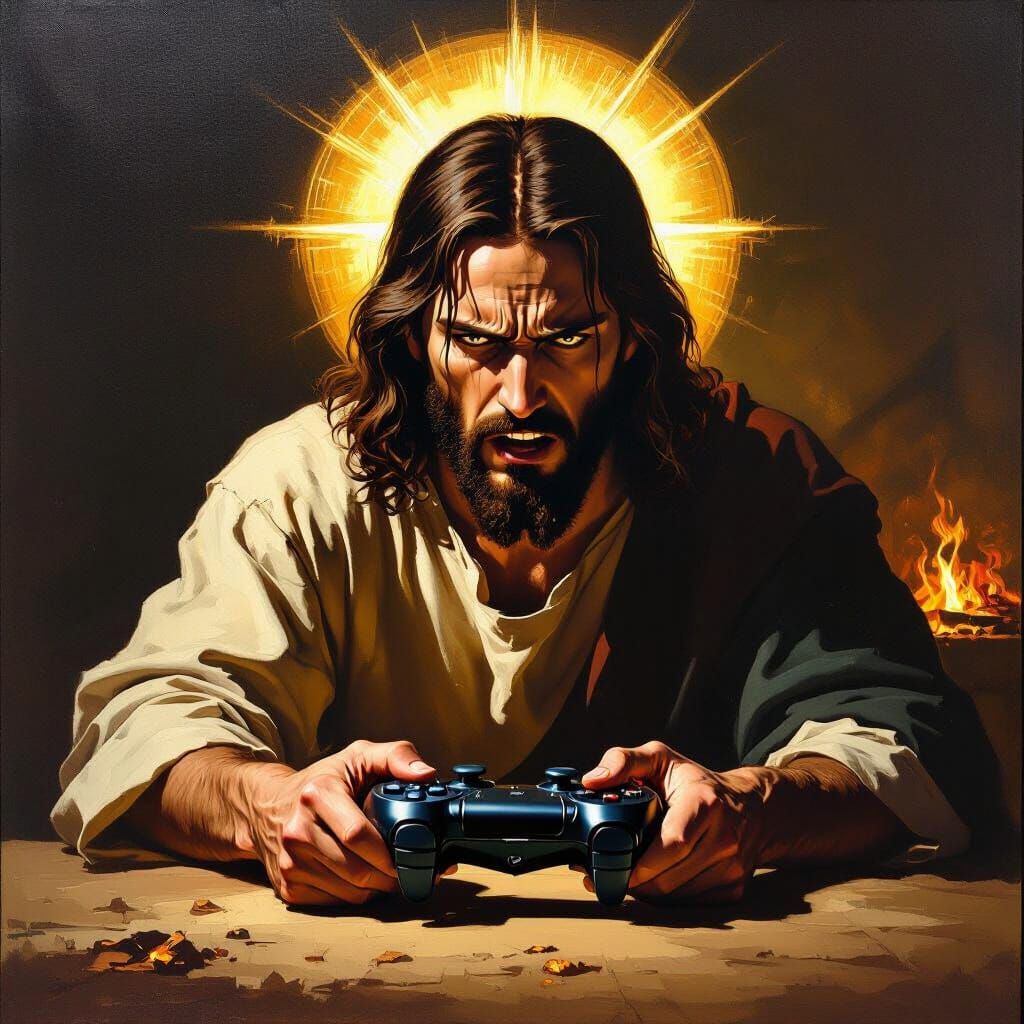 Jesus Rage Quits Fortnite in Caravaggio Style Painting
