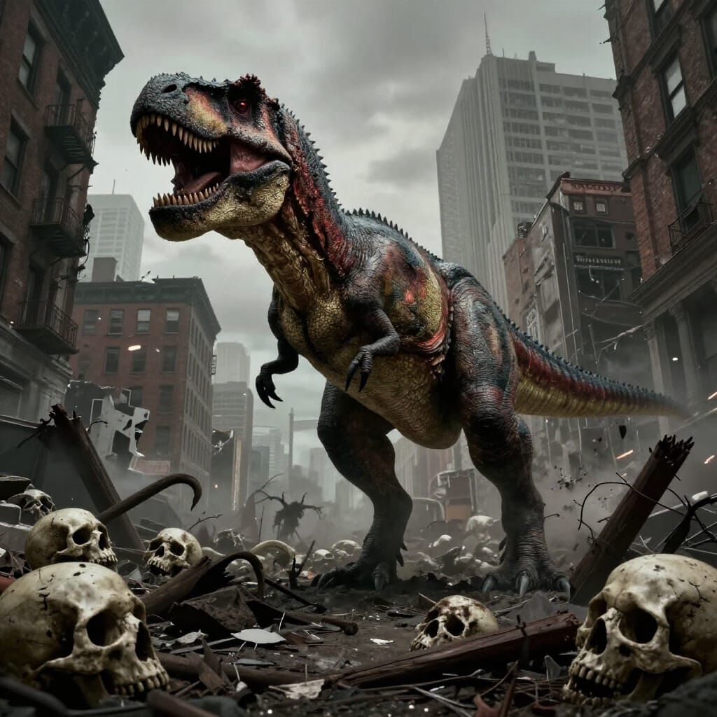 T Rex Roars in Ruined Harlem Amidst Skulls
