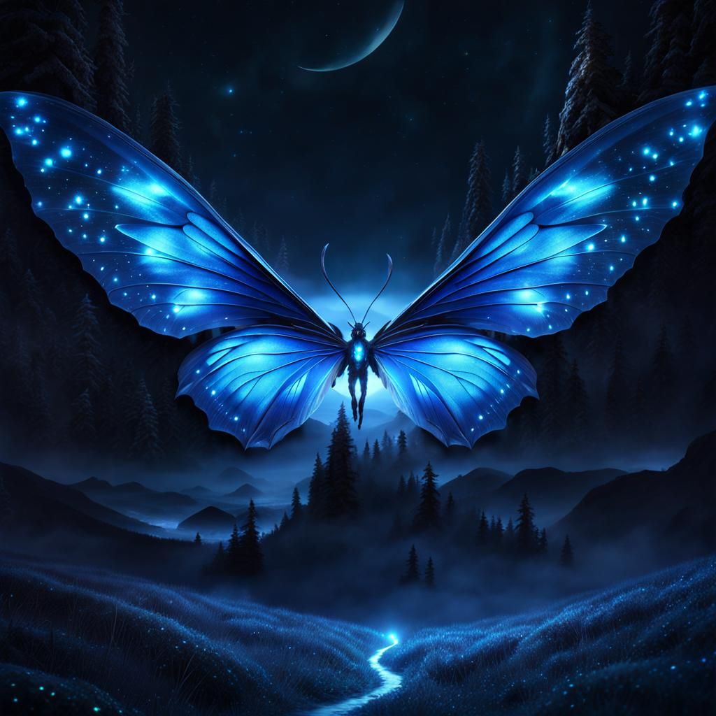 Mystical Blue Butterfly Sparkles at Night