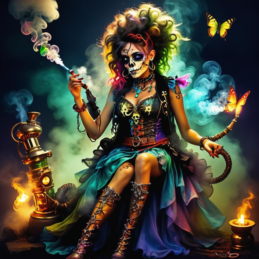 Pixie Smoking Hookah with Caterpillar, Digital Portrait