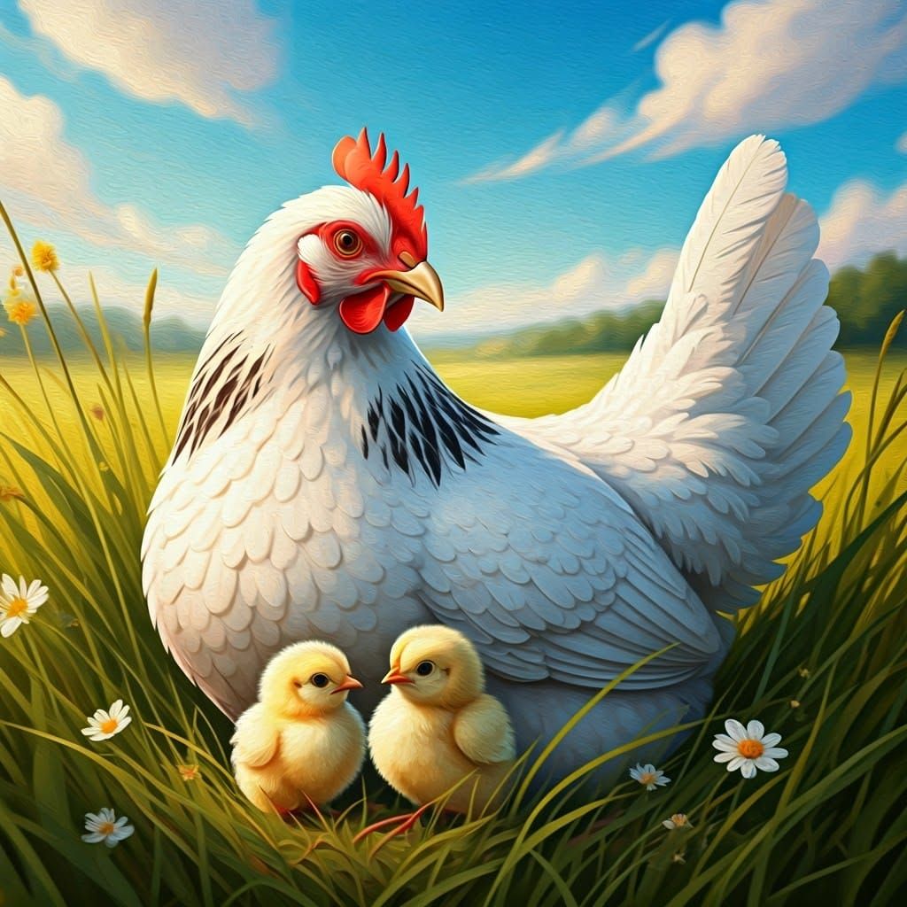 Hen and Chicks in Meadow, Impressionist Style