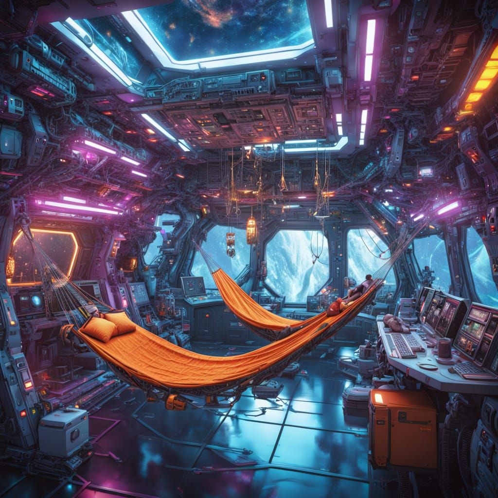 Cyberpunk Spaceship Interior with Astronauts in Hammocks