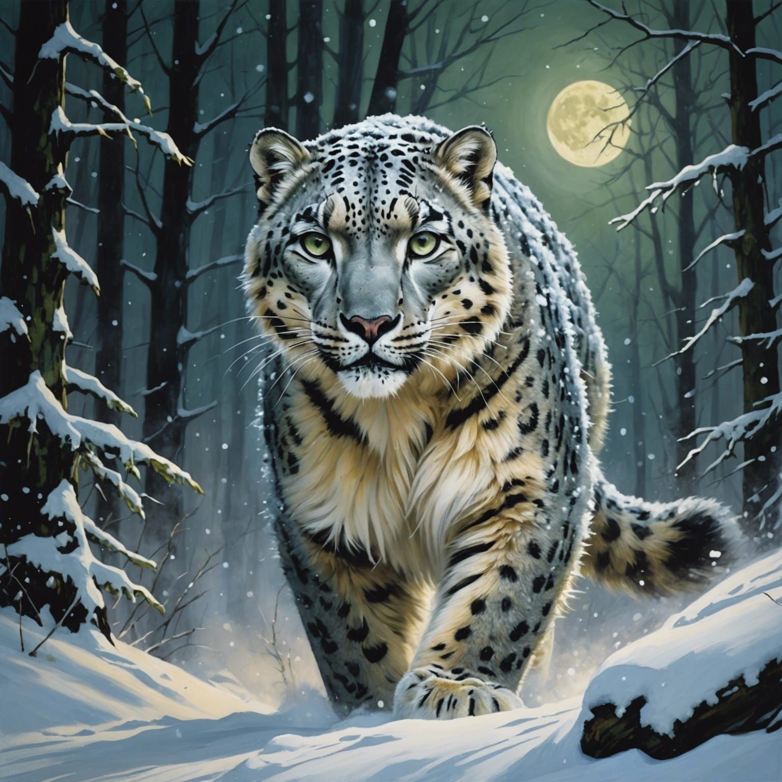 Snow Leopard Runs Through Snowy Forest at Night