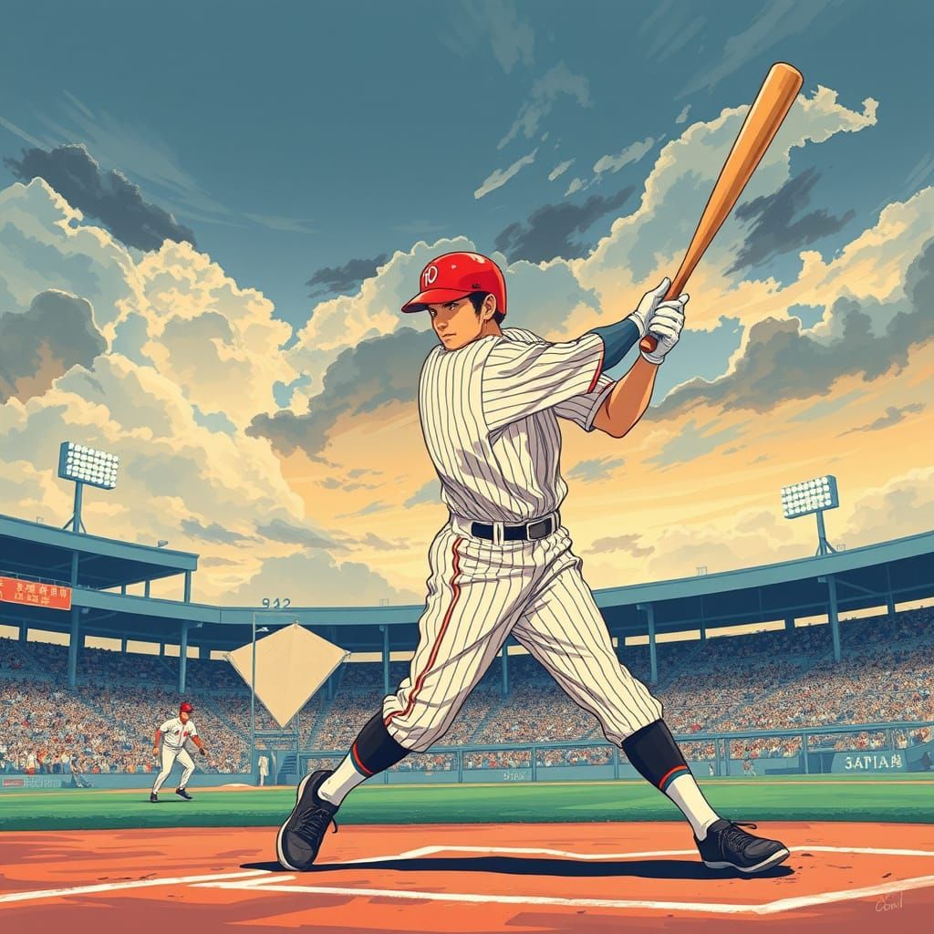 Retro Anime Baseball Home Run at Koshien Stadium