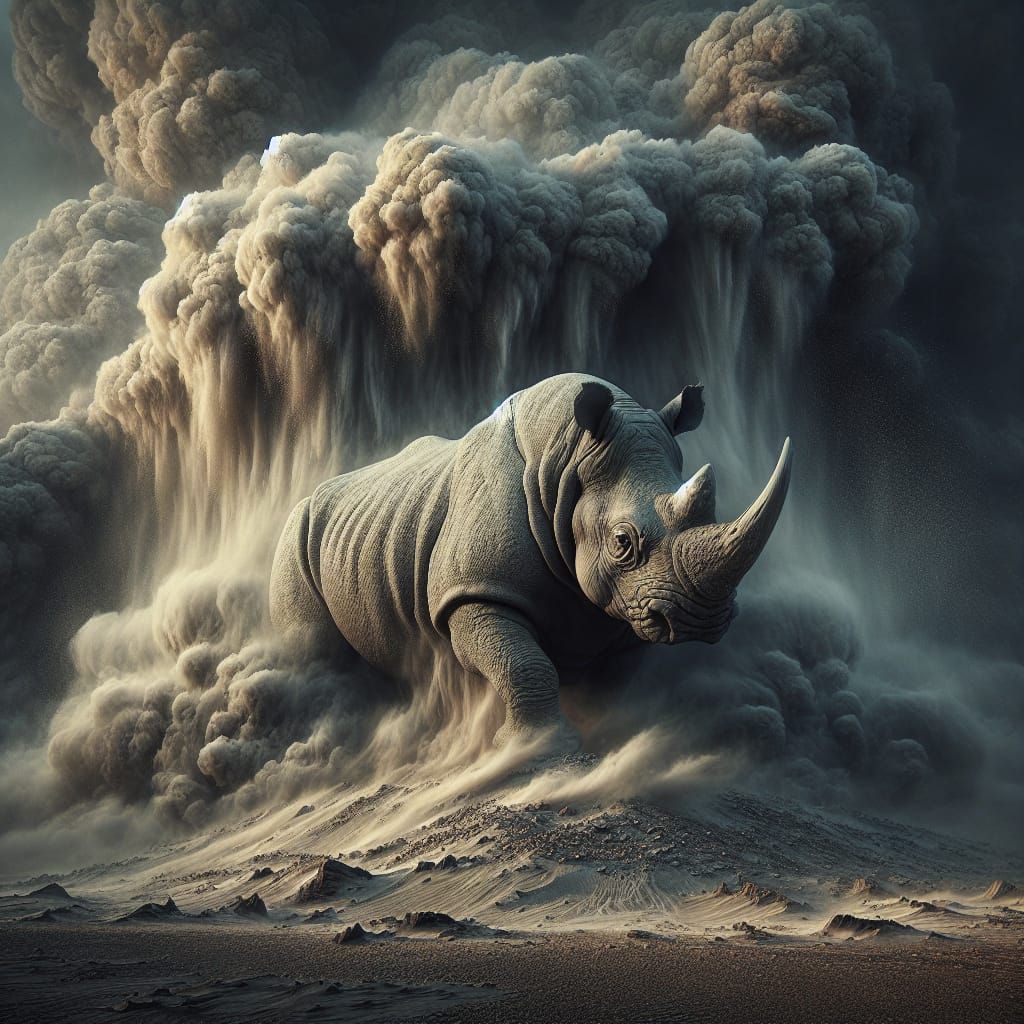 Rhinoceros Emerges from Desert Sandstorm
