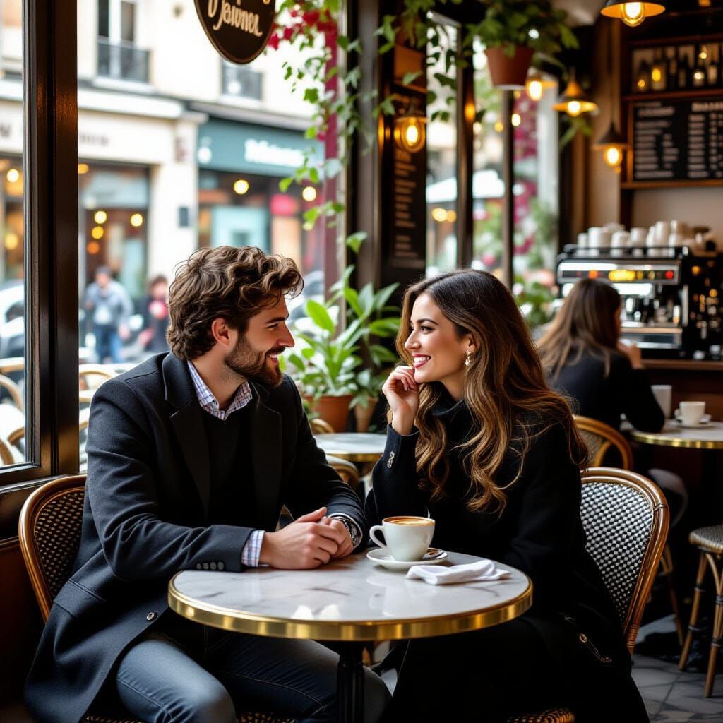 Lovers Embrace in a French Cafe